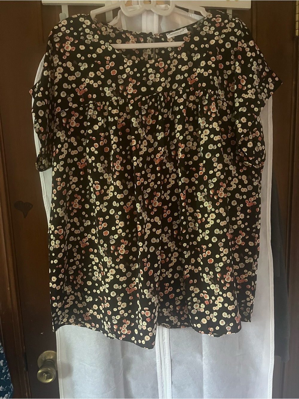 Black Floral Smocked Yoke Short Sleeve Blouse in Coral and Cream